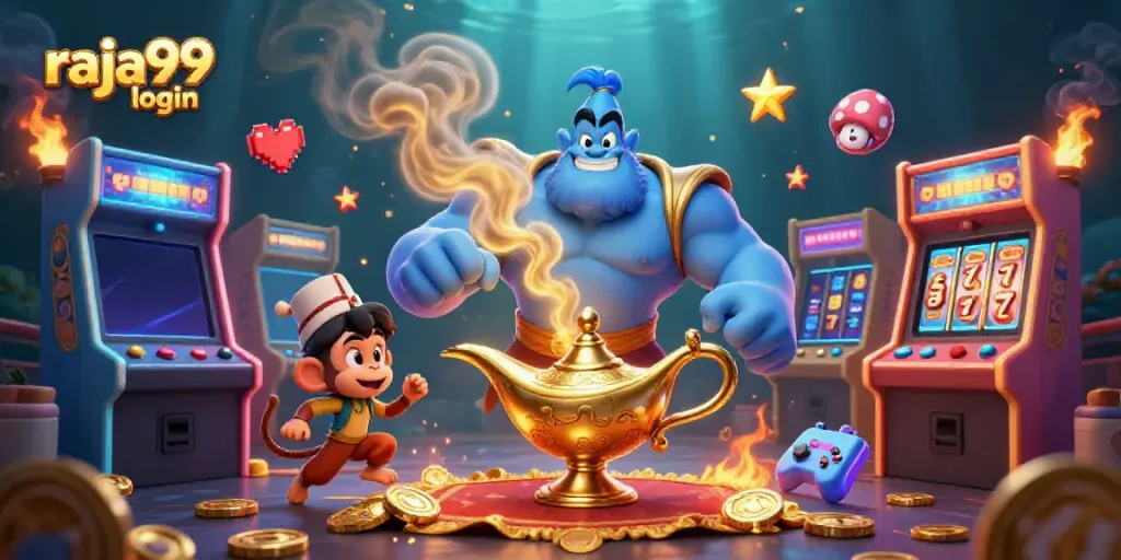 Experience the thrill of raja99 login with a vibrant 3D casino illustration packed with gaming excitement.