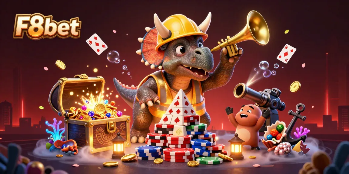 F8bet features a playful scene with cartoon dinosaurs celebrating gambling wins amidst vibrant casino elements.