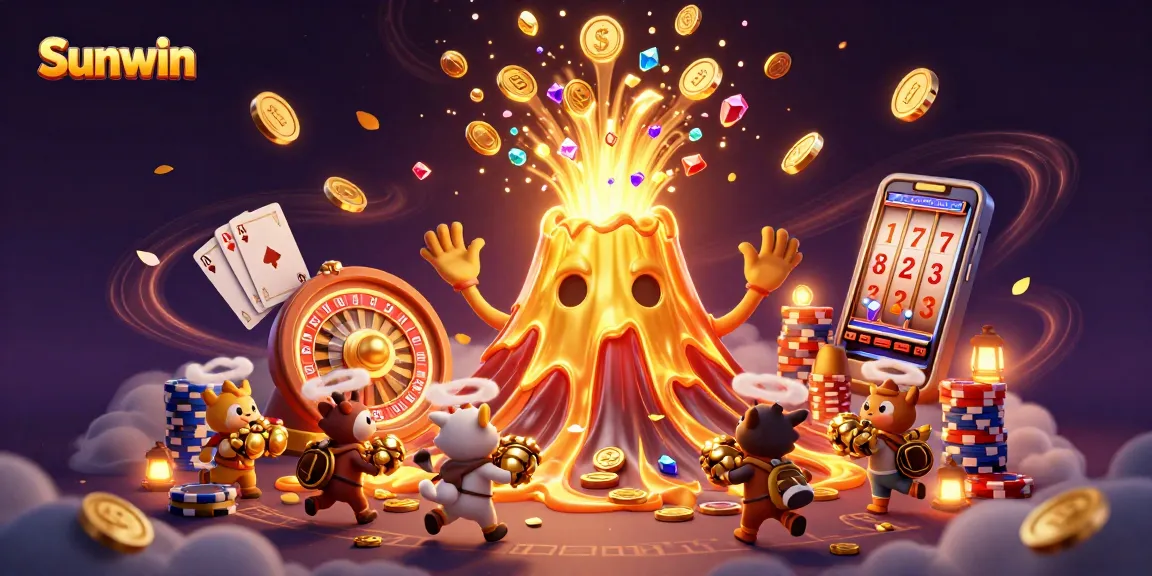 Sunwin showcases a vibrant gaming scene with lively characters and gold coins galore.