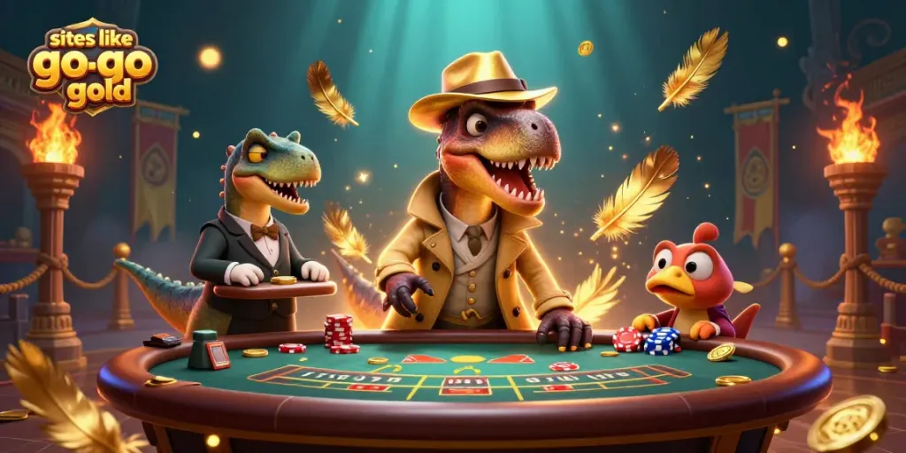 Engage with sites like go go gold at this vibrant cartoon casino scene filled with gold coins and characters.
