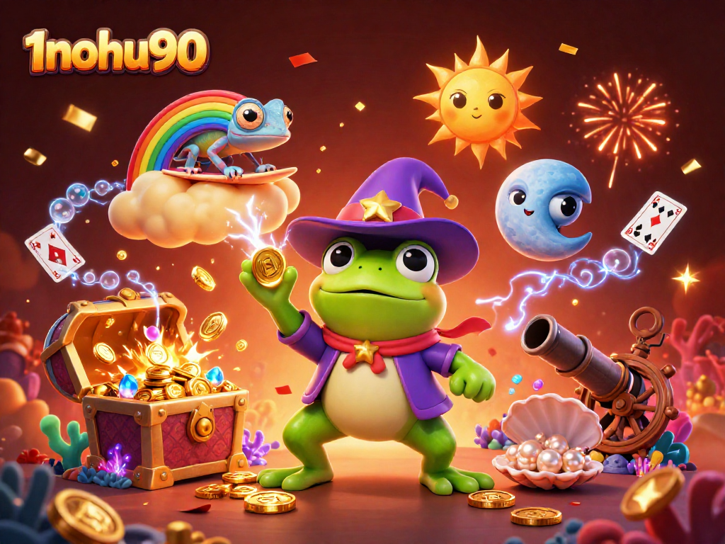 Experience the excitement of 1nohu90 with a vibrant 3D illustration filled with golden coins and magical elements.