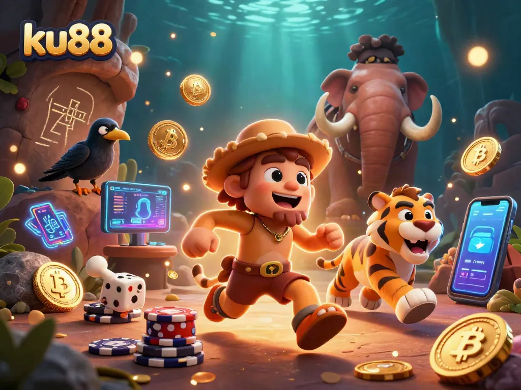 Feel the excitement at ku88 as cavemen roll dice and stacks of slots shine bright amid digital coins.