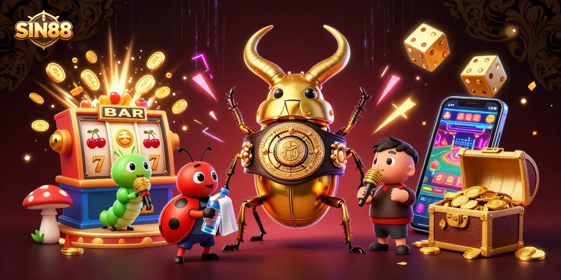 SIN88 illustrates an epic casino battle with a 3D cartoon stag beetle and a jackpot explosion showcasing vibrant gameplay.