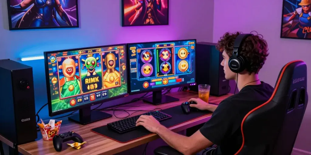 Engaged gamer playing slot online with vibrant game graphics on dual screens and gaming accessories.