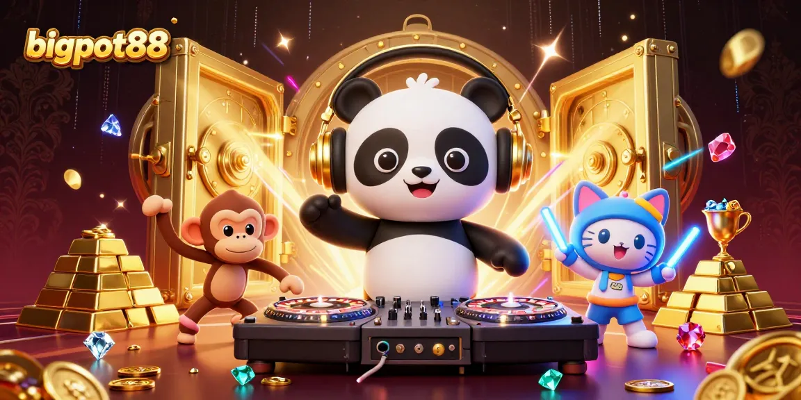 Experience winning excitement at bigpot88 with vibrant 3D characters amidst treasure and casino elements.