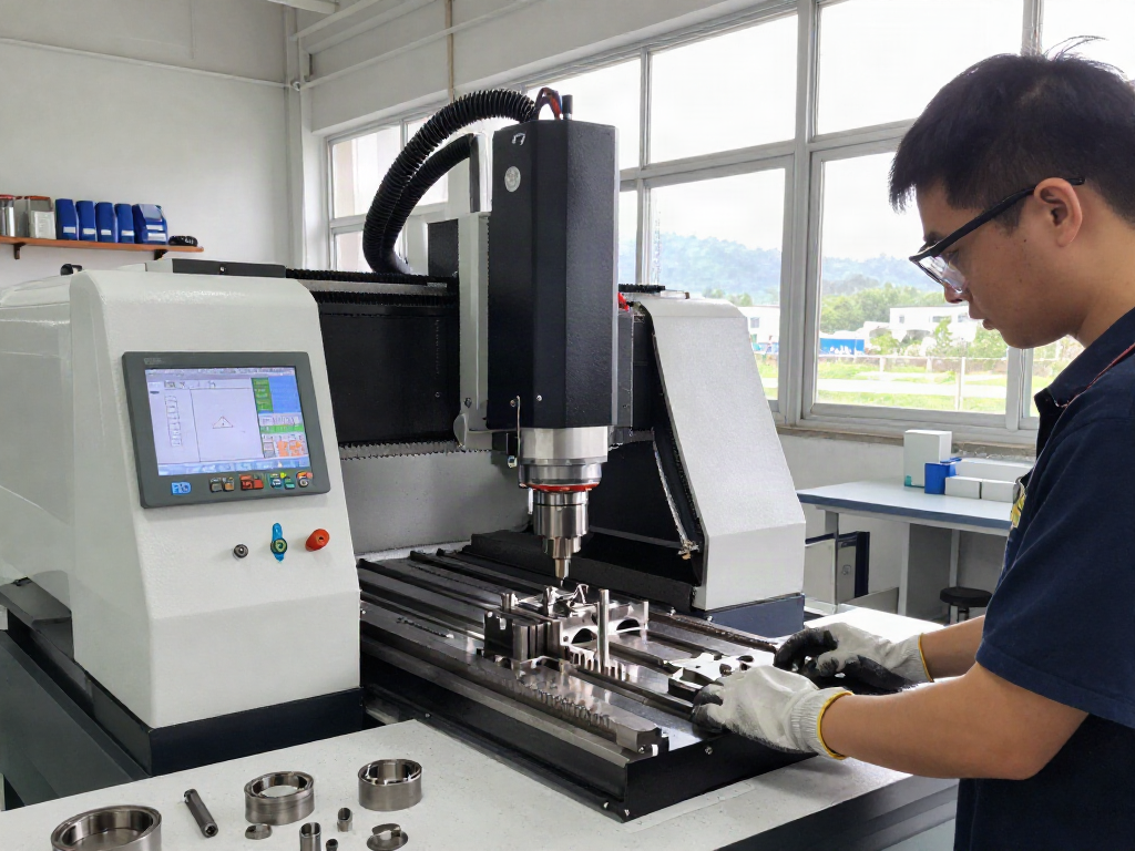 Precision CNC machining supplier workshop with technician operating milling machine in bright industrial workspace.