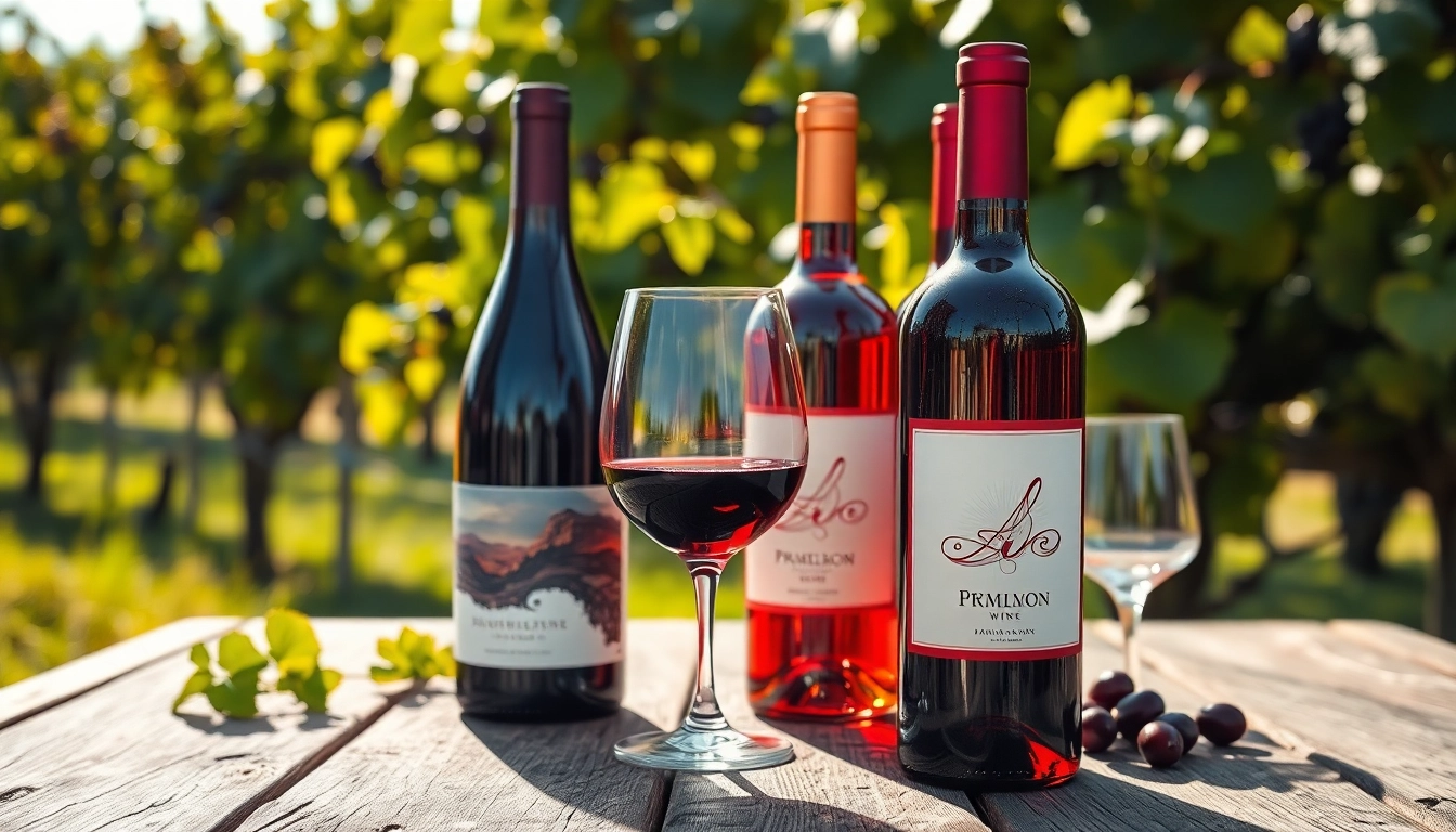 Buy silt wine online with elegantly arranged wine bottles and glasses in a vineyard.