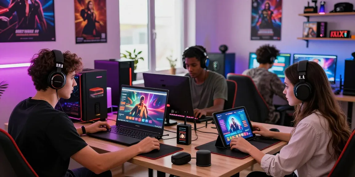 Engaging scene of players enjoying a porn game online on various devices in a vibrant gaming setup.