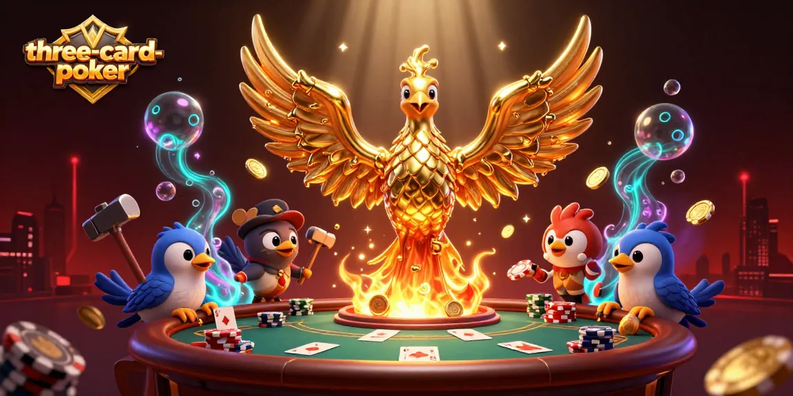Engage in three-card-poker action with a dynamic 3D illustration featuring golden elements and lively poker decorations.