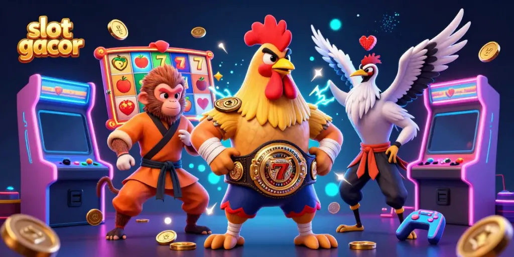 Experience the thrill of slot gacor with vibrant slot machines and fierce characters in a dynamic casino scene.