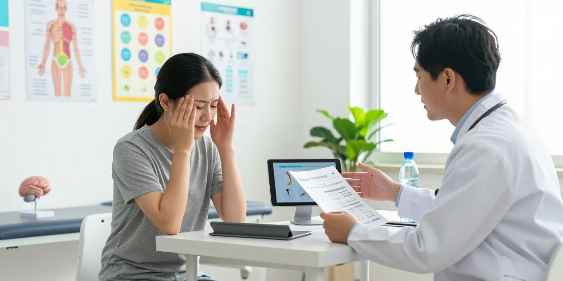 Patient consulting a doctor to find relief from migraines in a bright, welcoming clinic.
