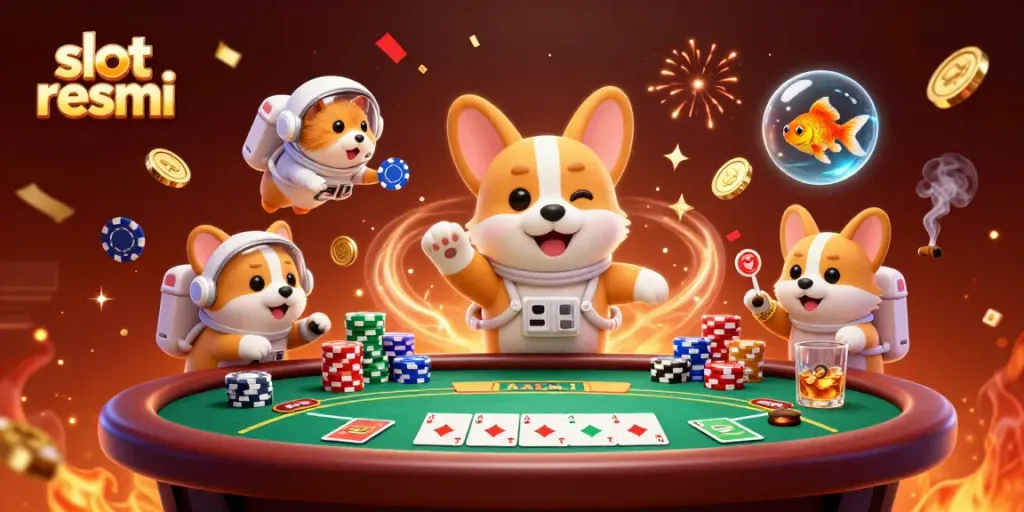 Experience excitement at a space station casino with slot resmi, featuring playful characters and vibrant poker elements.