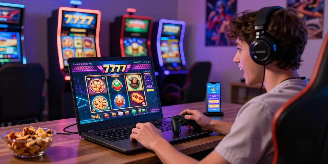 Exciting scene of a player enjoying slot777 online gaming experience on a laptop.