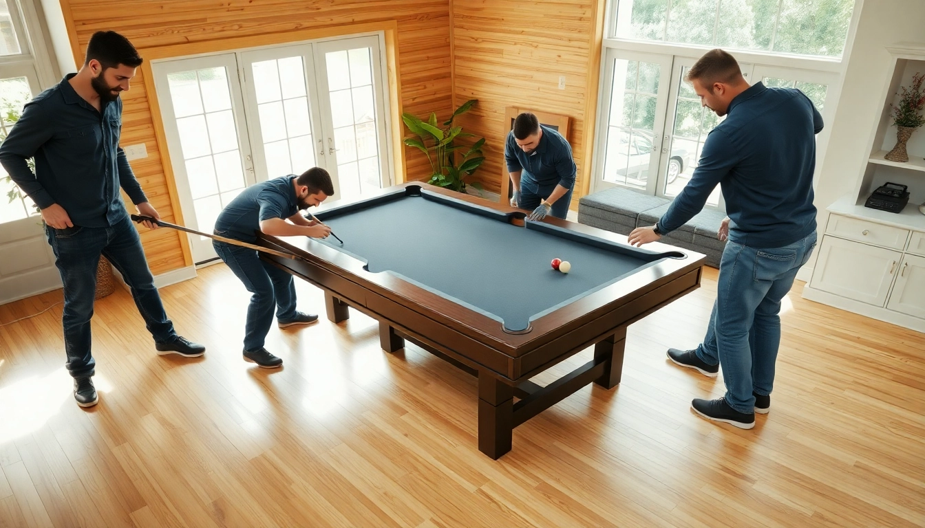 Pool table mover dfw action scene with professional movers disassembling a pool table.