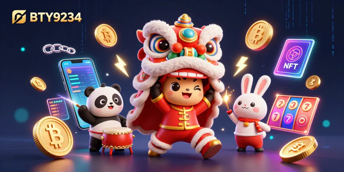 BTY9234 showcases a vibrant 3D illustration with a lion dance, lucky symbols, and crypto elements.
