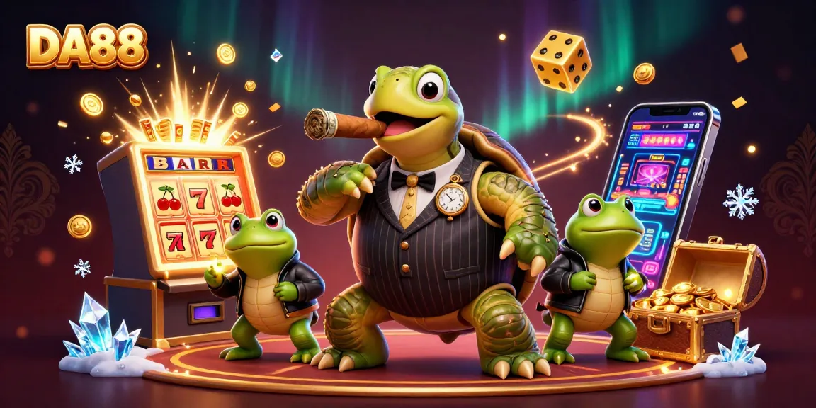 DA88 showcases a cartoon turtle mobster leading a slots celebration filled with jackpots and casino lights.