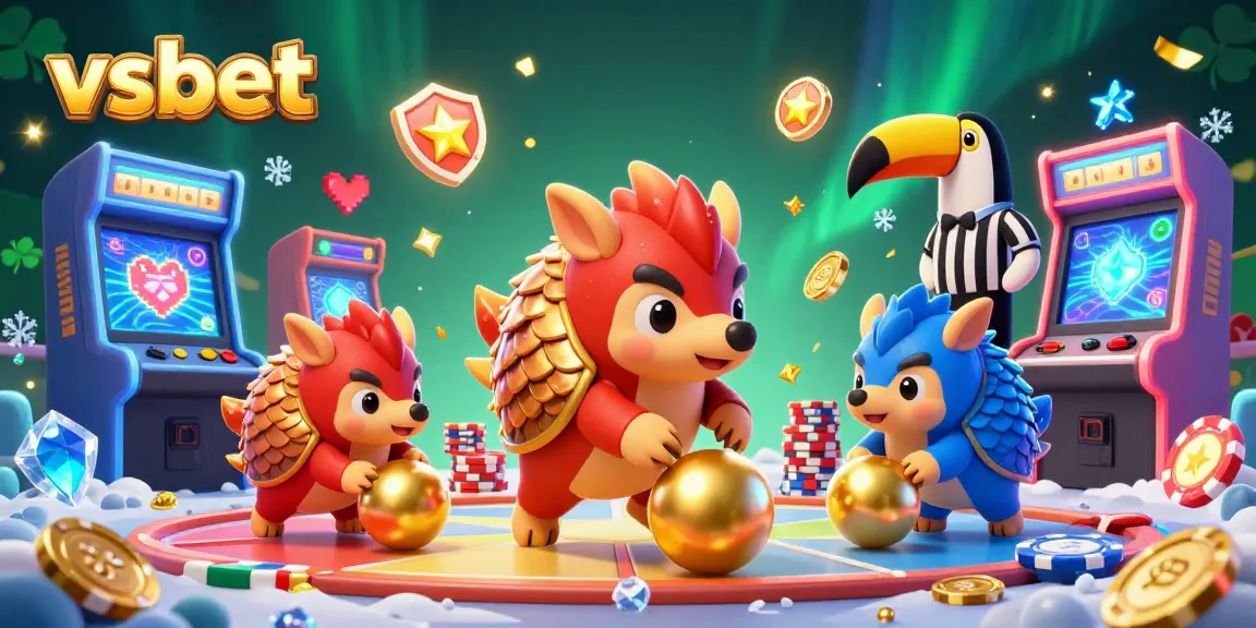 Join the fun with vsbet as rival pangolins compete in a lively casino game, surrounded by vibrant arcade elements.