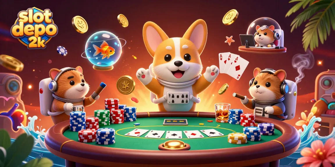 Visualisasi slot depo 2k dengan anjing astronaut dan elemen kasino mengapung, dikelilingi koin emas dan kartu poker.