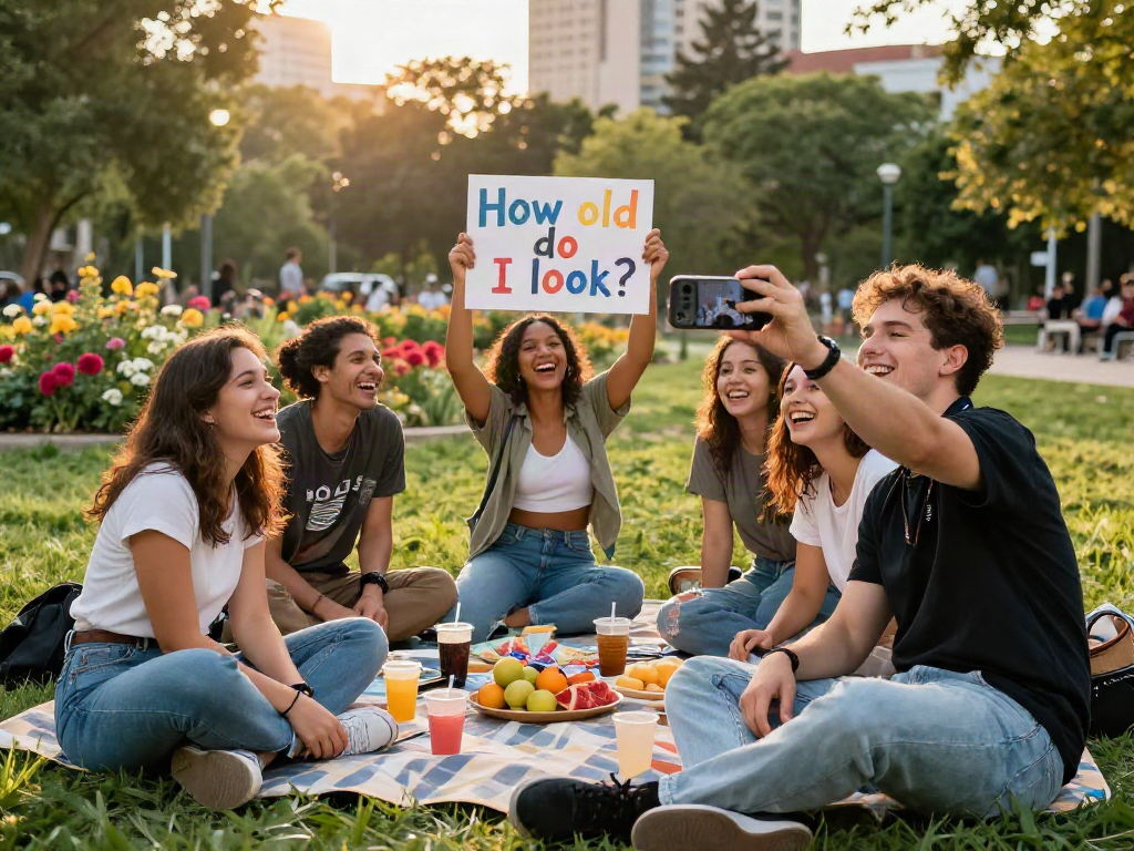 Group of friends having fun in the park, asking "how old do I look?" during a selfie session.
