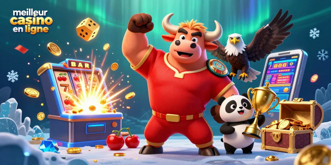 Illustration colorée du meilleur casino en ligne avec un taureau et un panda gagnant des jackpots.