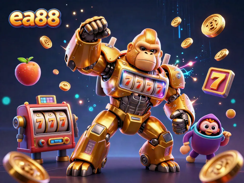 ea88 chơi game, hình ảnh minh họa 3D đầy màu sắc với khỉ vàng và các biểu tượng slot.