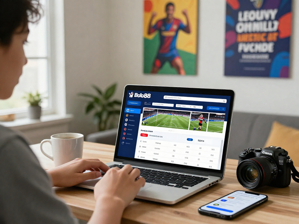 Bola88 user engaging with digital services in a modern home office.