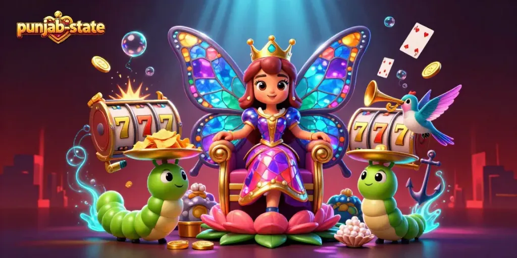 Experience exciting gameplay with punjab-state's vibrant butterfly queen and slot machine elements.