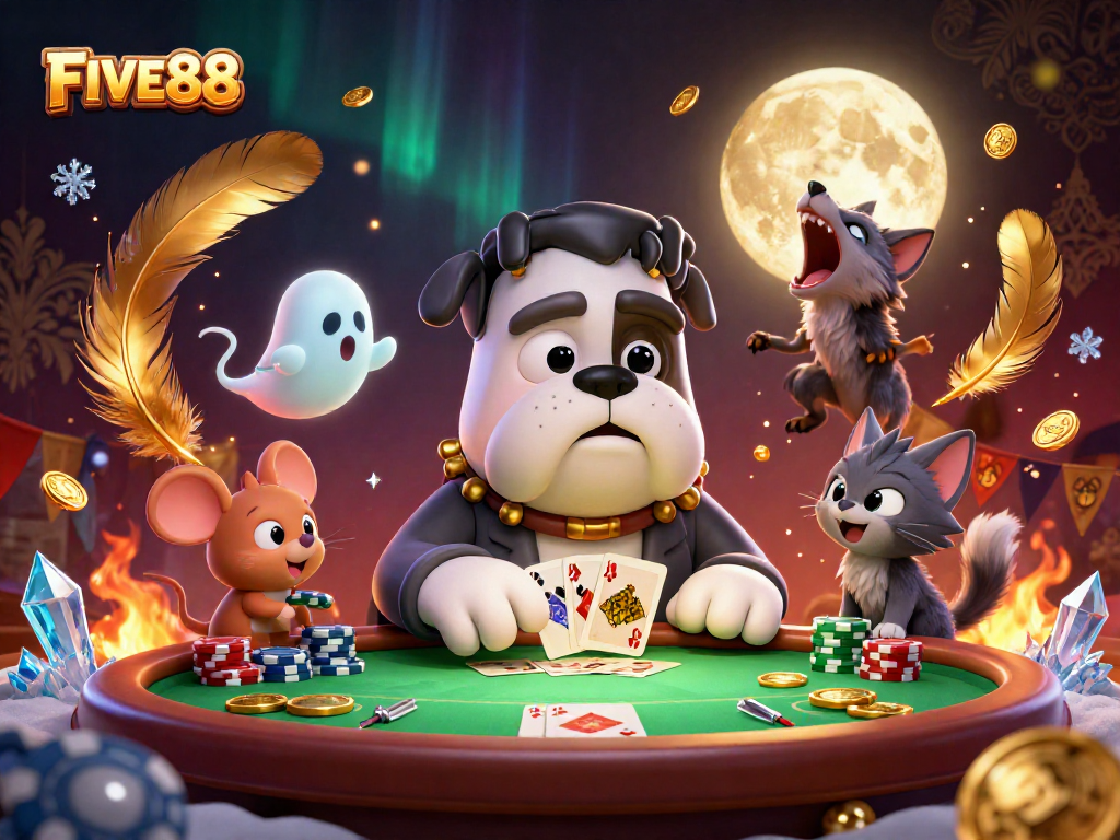 Play poker with FIVE88's animated characters featuring spooky elements and festive decorations.