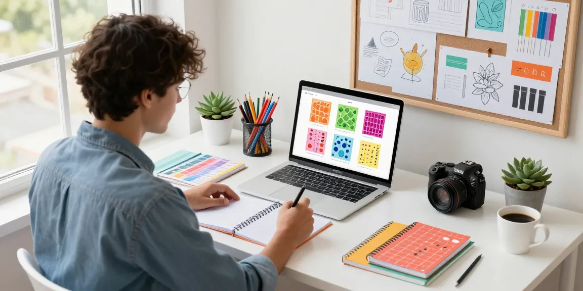 Designing custom printed notebooks at a vibrant workspace with stationery and prototypes.