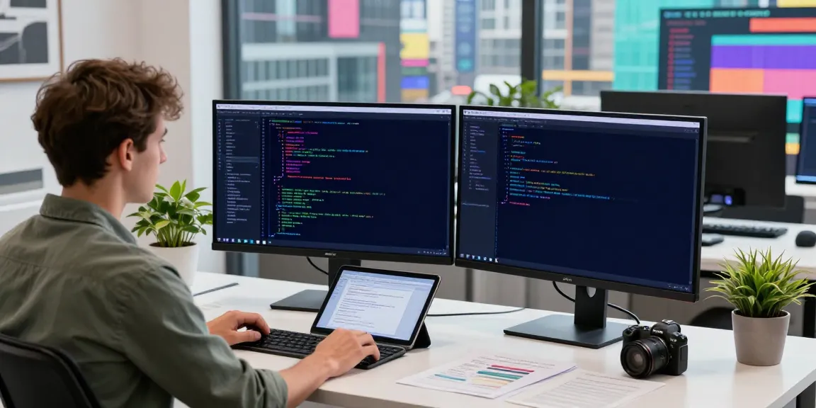 Developer at h5.2113.net workspace with dual monitors and app documentation.