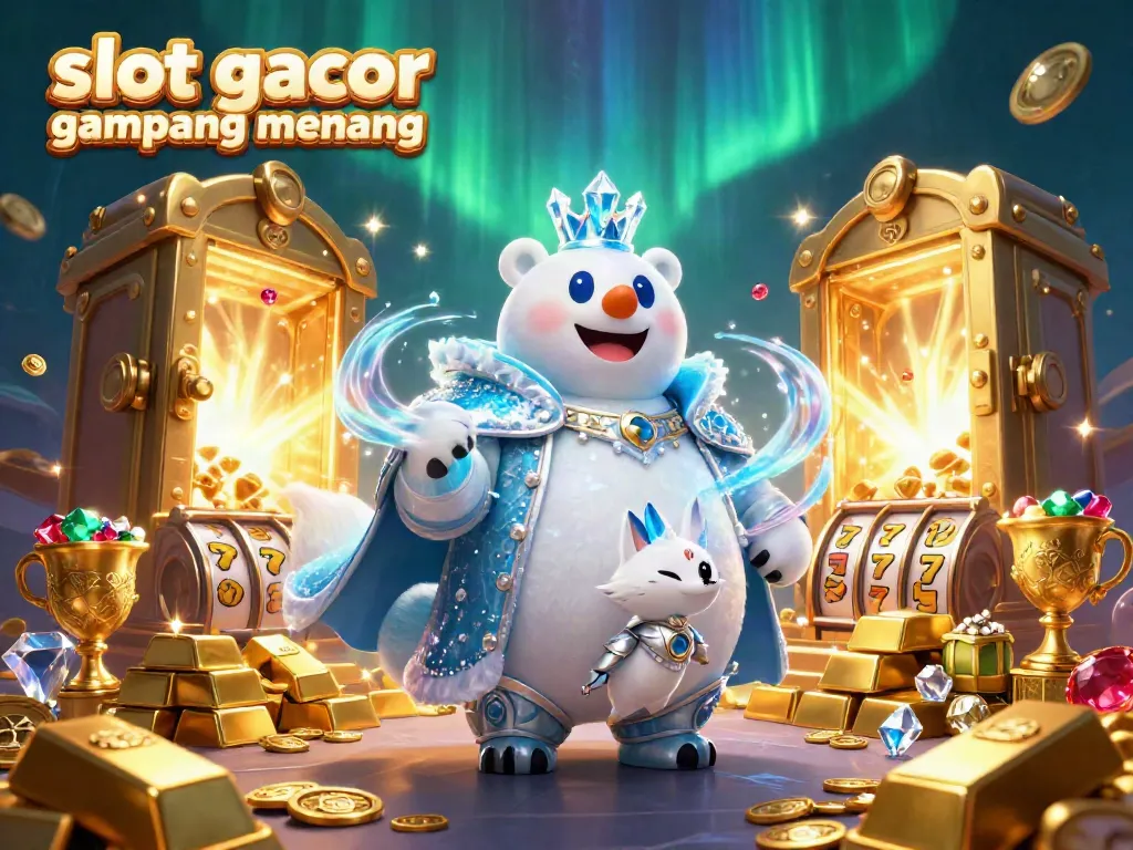 Experience slot gacor gampang menang in this vibrant 3D scene with regal polar king and enchanting treasures.