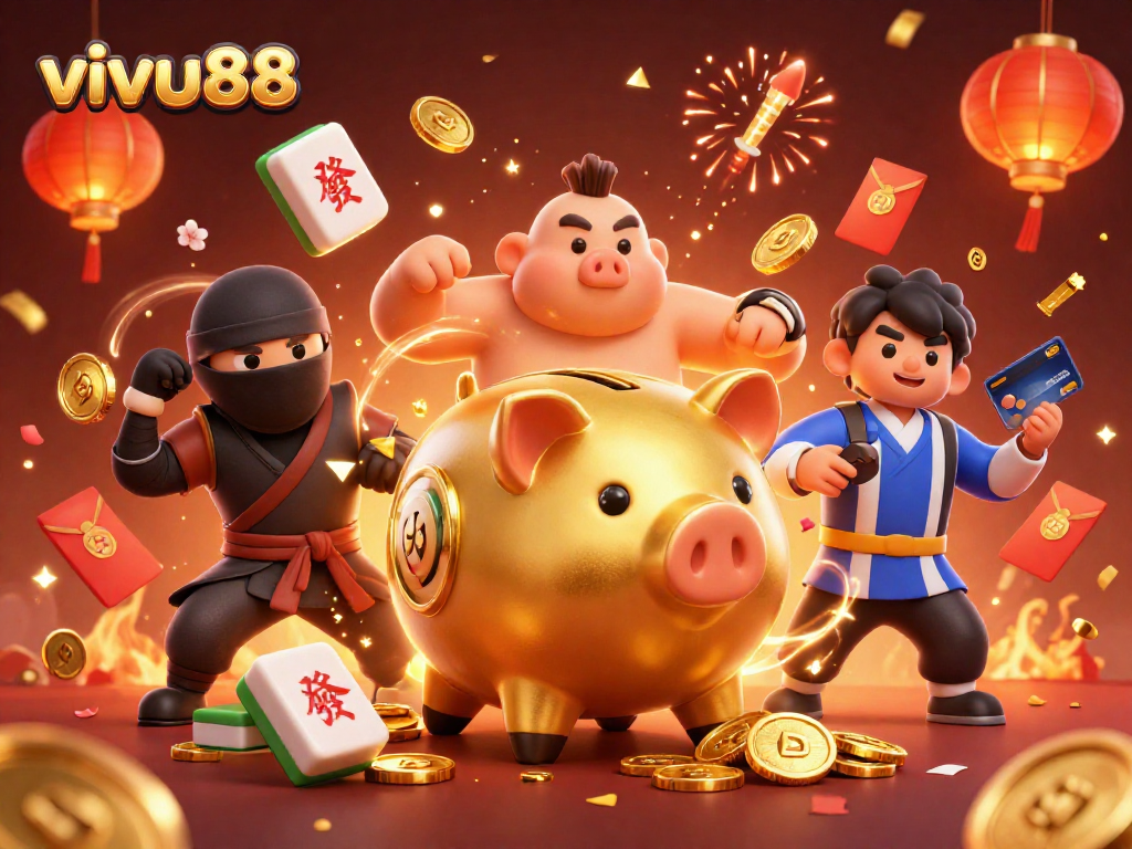 Experience the thrill of vivu88 with a lively scene featuring a golden sumo wrestler and dynamic elements of gambling.