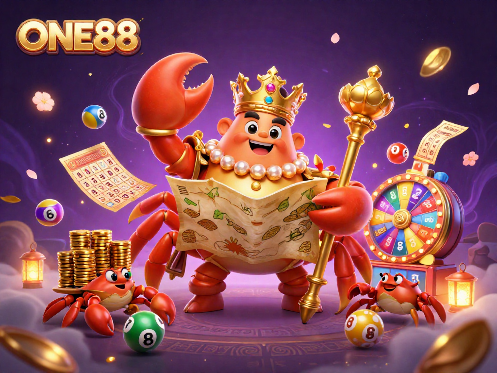 Engage in thrilling games at ONE88, featuring a lively golden crab emperor amidst dynamic casino elements.