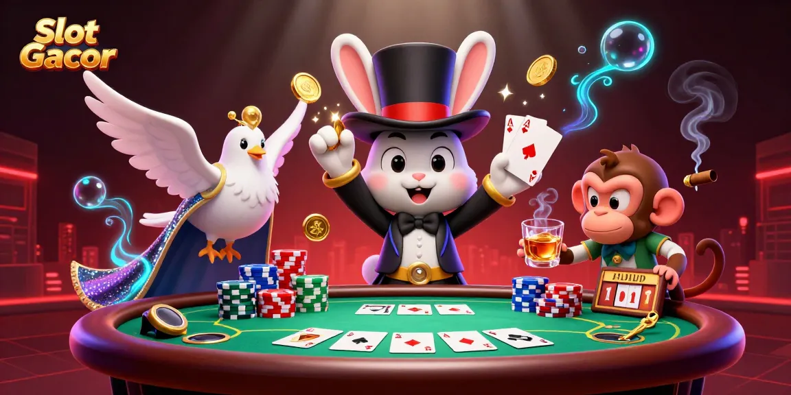 Permainan Slot Gacor dengan karakter magician, burung merpati, dan monyet yang mencuri chip di meja poker.
