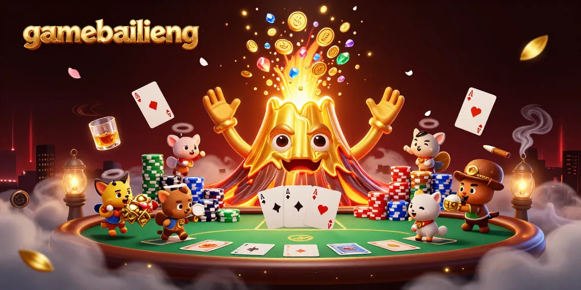 Experience gamebailieng as a golden volcano erupts in treasure amid a poker atmosphere.
