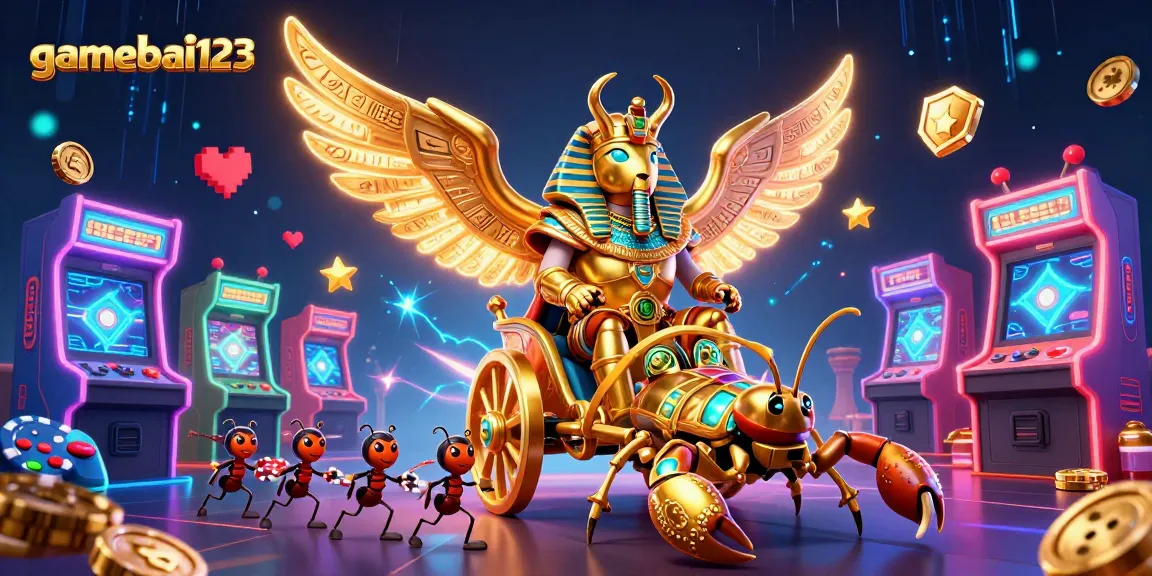 Experience gamebai123 with powerful characters and vibrant casino elements in a lively scene.