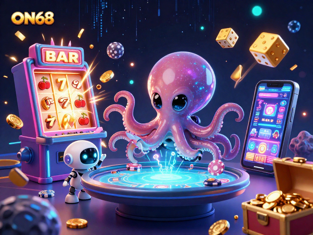 Experience the vibrant gaming universe of ON68 with a 3D illustration showcasing an alien octopus and jackpot casino excitement.