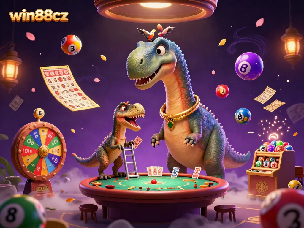 Experience dynamic gambling with win88cz in this vibrant casino scene featuring colorful lottery balls and a giant brontosaurus.