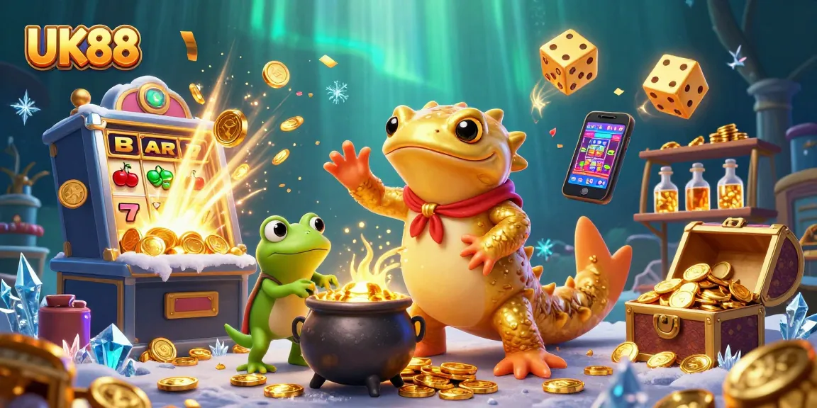 Experience the excitement of UK88 with a 3D casino scene bursting with gold and vibrant game elements.