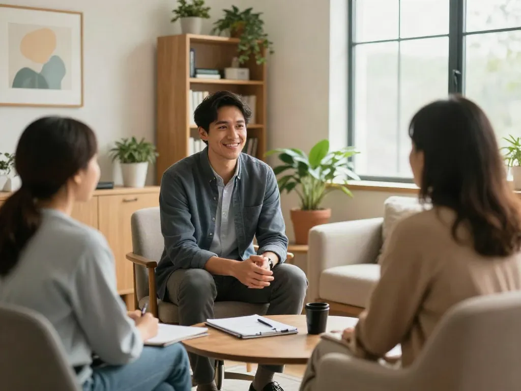 Robert, a relationship and attachment therapist Murfreesboro TN, engaging warmly with a couple in a cozy therapy office.