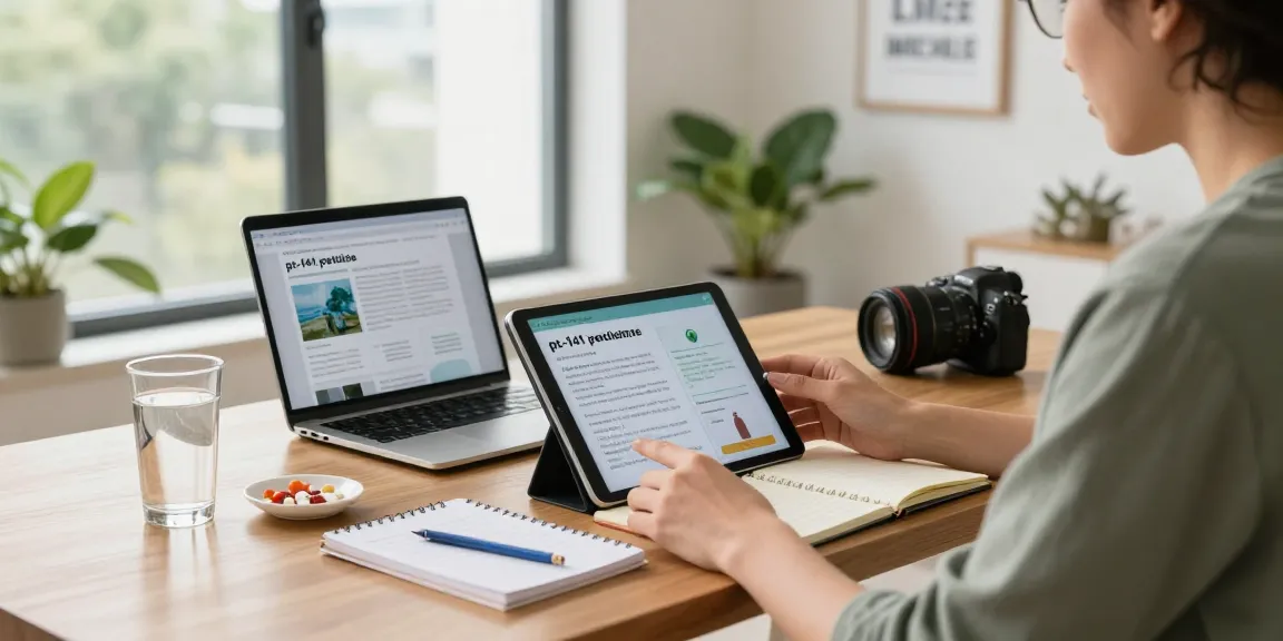 Person studying pt-141 peptide benefits in a bright, inviting home office.