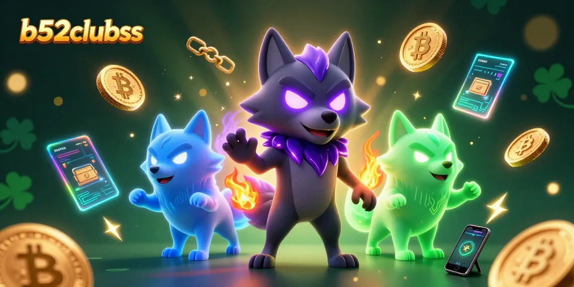 Bet on b52clubss with glowing crypto coins and ghostly wolves in a vibrant casino scene.