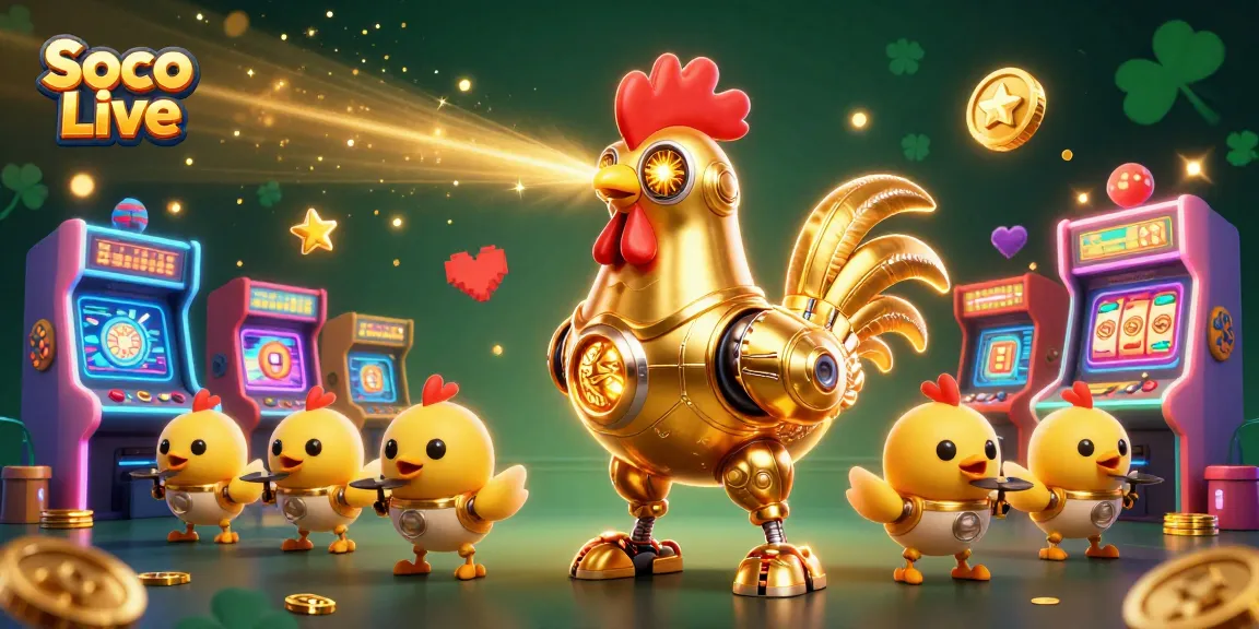 Soco Live showcases a dynamic scene featuring a golden rooster robot and baby chick drones amidst vibrant casino elements.