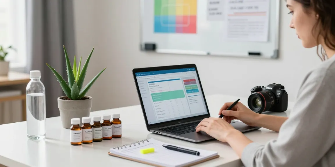 A user engaging with a peptide calculator on a laptop in a modern office setting with peptide vials and notepad visible.