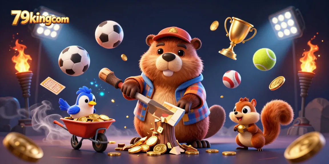 Experience excitement with 79kingcom as a lumberjack beaver rains golden coins in a thrilling casino scene.