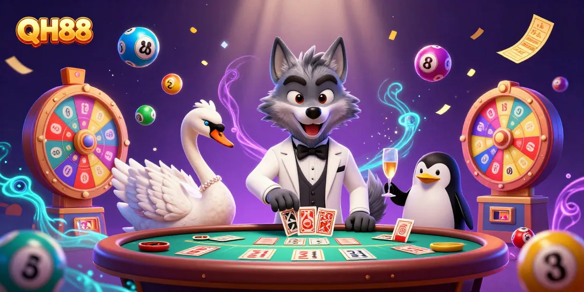 Experience the excitement of QH88 with a lively 3D casino scene featuring a debonair wolf, an elegant swan, and a penguin sommelier.