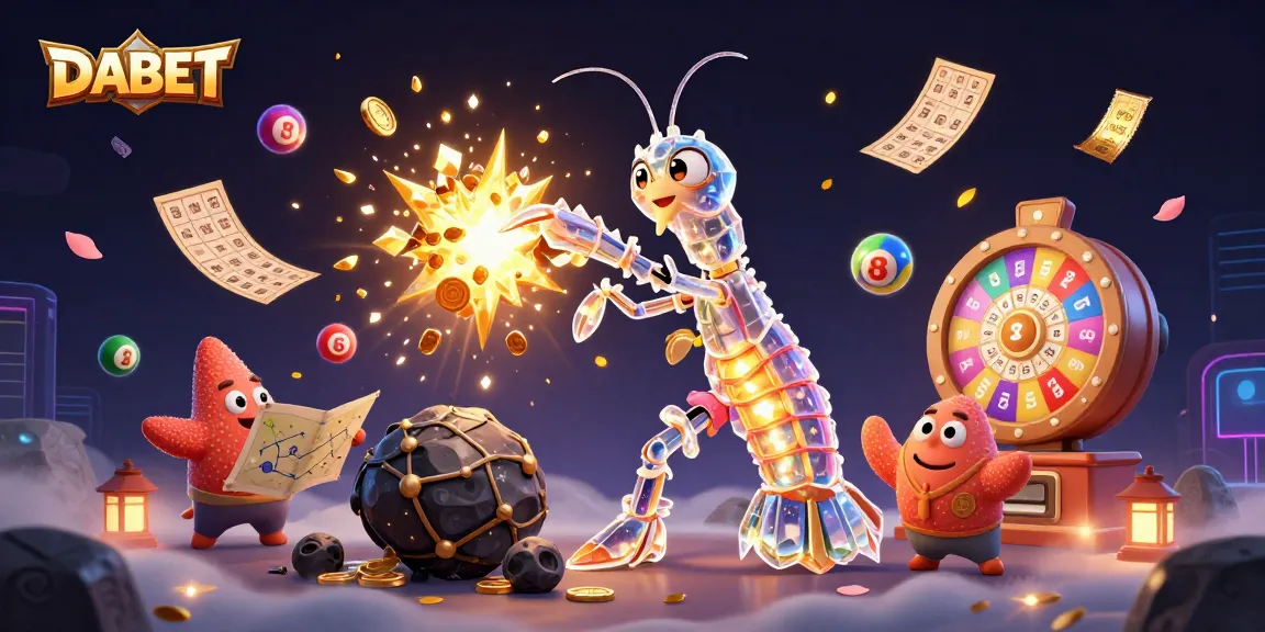 DABET reveals a spectacular lottery scene with a galactic mantis shrimp and a starfish navigating through a cosmic explosion of prizes.