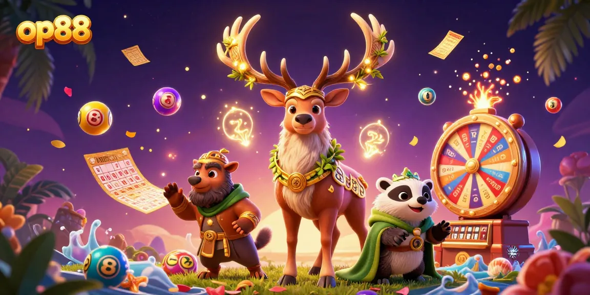 Engage with op88's thrilling lottery atmosphere featuring magical characters and colorful gaming elements.
