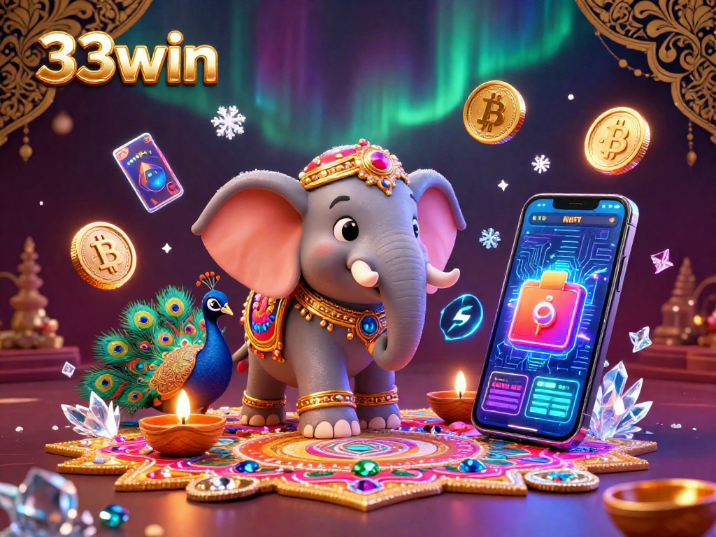 Engage with 33win's vibrant casino world featuring a Diwali-themed elephant adorned with crypto elements.