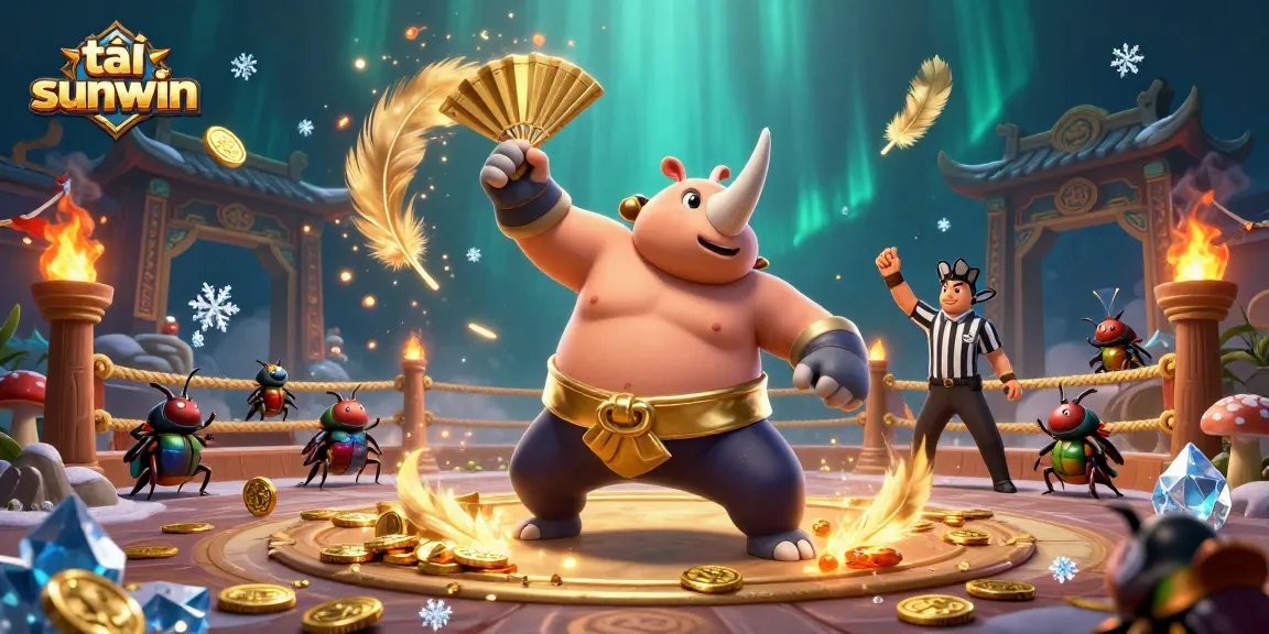 Enhance your gaming with tải sunwin as the beetle champion stomps coins in a vibrant illustration.